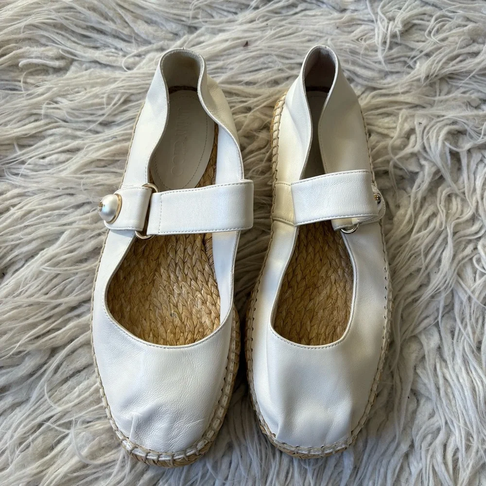 Jimmy Choo Fayence Pearl White Leather Mary Jane Ballerina Espadrilles EUC Sz 38